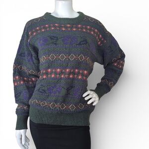 Vintage Northern Reflections Wool Blend Loon Sweater Green Purple Fair Isle M